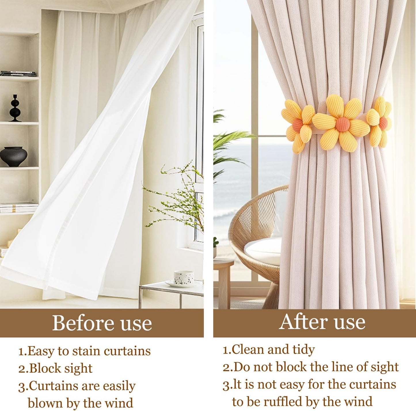 2pcs Curtain Ties Flower Curtain Buckles, Cute Flower Curtain Ties Decorative Rope for Bedroom Window Treatment (Yellow)