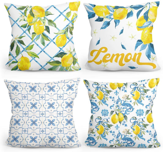 4Pcs Italy Lemon Pillow Covers, Vintage Blue and Green Throw Pillow Covers 18x18 Inch, Summer Aesthetic Italy Lemon Decor Decorative Cushion Cover for Home Sofa Living Room Couch Farmhouse