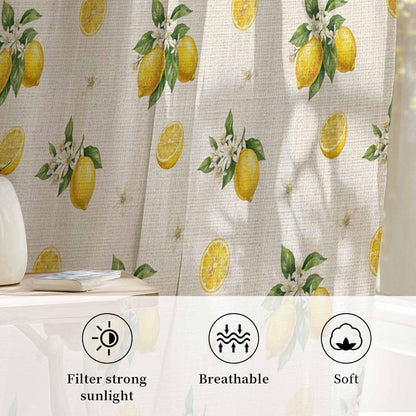 Sheer Curtains 63 Inches Long for Living Room/Bedroom, Cute Lemon Summer Rod Pocket Voile Kitchen Curtains & Drapes Window Treatment 1 Panel, 52"W x 63"L Farmhouse Floral Retro Linen Texture