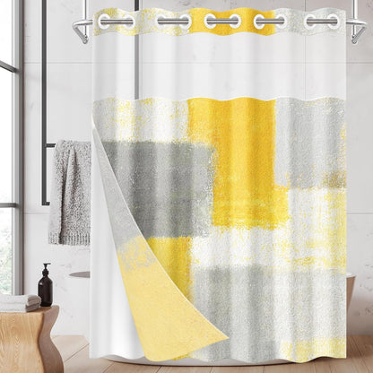 No Hook Abstract Yellow Grey Shower Curtain with Snap in Fabric Liner Set, Contemporary Modern Double Layers Waterproof Fabric with See Through Top Window Open Grommet Bath Curtain 71x74 Inch