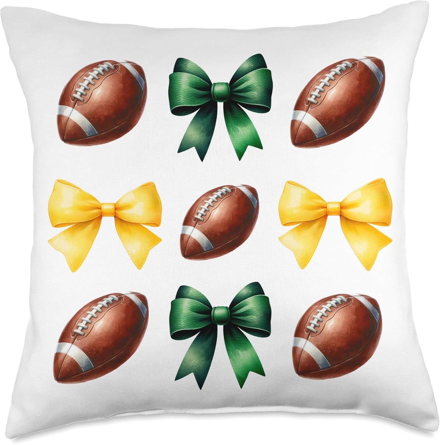 Green & Yellow Gold Footballs & Bows Fall Football Season Throw Pillow