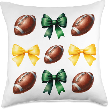 Green & Yellow Gold Footballs & Bows Fall Football Season Throw Pillow