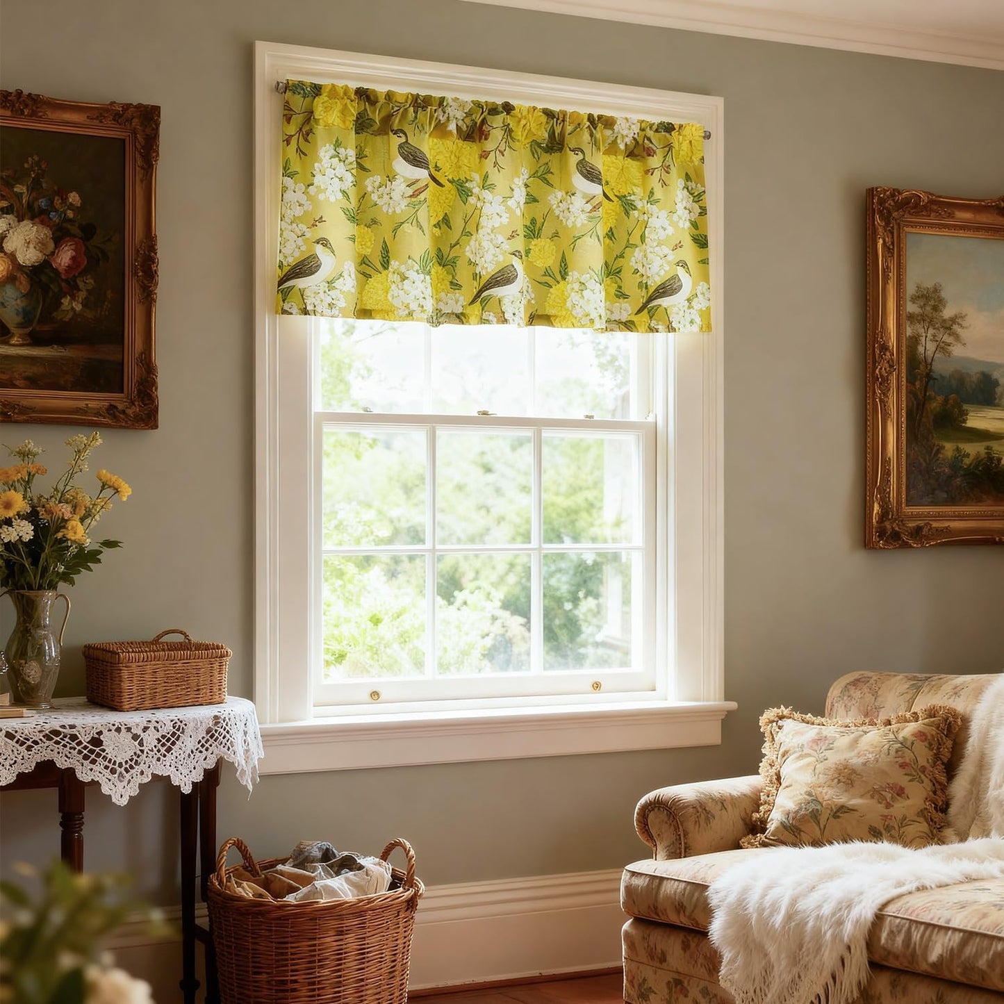 Leeva Farmhouse Style Yellow Floral Valance Curtains, 52x18 Rod Pocket Window Treatment for Kitchen Living Room Bedroom, Linen Textured Bird Print