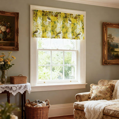 Leeva Farmhouse Style Yellow Floral Valance Curtains, 52x18 Rod Pocket Window Treatment for Kitchen Living Room Bedroom, Linen Textured Bird Print