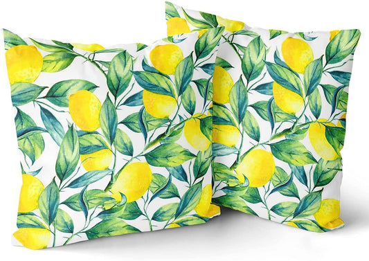Yellow Lemon Throw Pillow Covers - 18 x 18 Inch Watercolor Lemon with Green Leaves Pattern Pillow Case Set of 2 Decorative Square Cushion Cover for Sofa Couch Car Bedroom Home Decor
