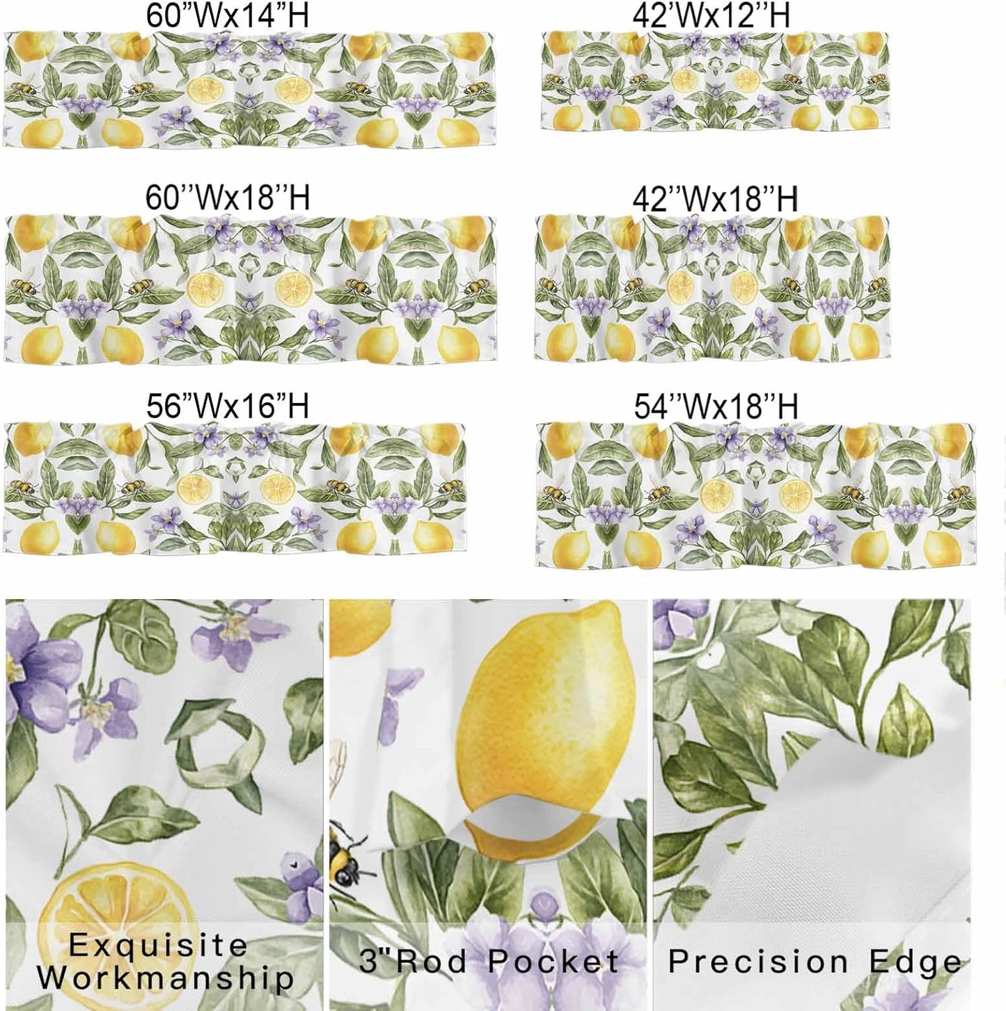 Lemon Flower Valance Curtains Kitchen Curtain for Windows Valance Yellow Fruit Floral Country Bee Summer Sheer Curtains Privacy Bedroom Curtain Topper for Living Room Bathroom Home Decor 42x12in