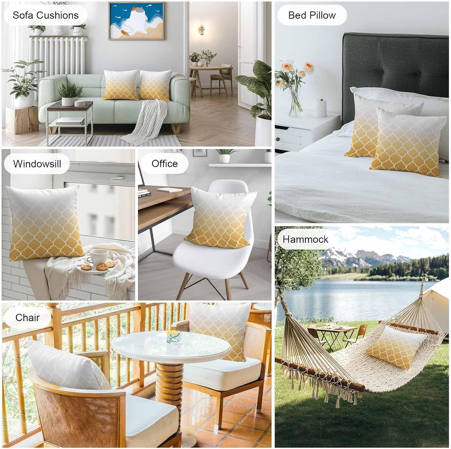 Outdoor Pillow Covers Waterproof Pillow Cases Protector Yellow Gradient Moroccan Pattern Pillowcase Pack of 2 White Stripes Buffalo Check Throw Cushion Case for Pation Furniture,Couch,Sofa,16X16IN