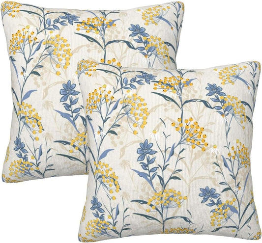Spring Summer Seasonal Pillow Covers 18x18 Inch Set of 2 Watercolor Blue Yellow Flower Throw Pillow Cover Vintage Plant Floral Square Pillowcase Cushion Cases for Home Couch Bed Sofa