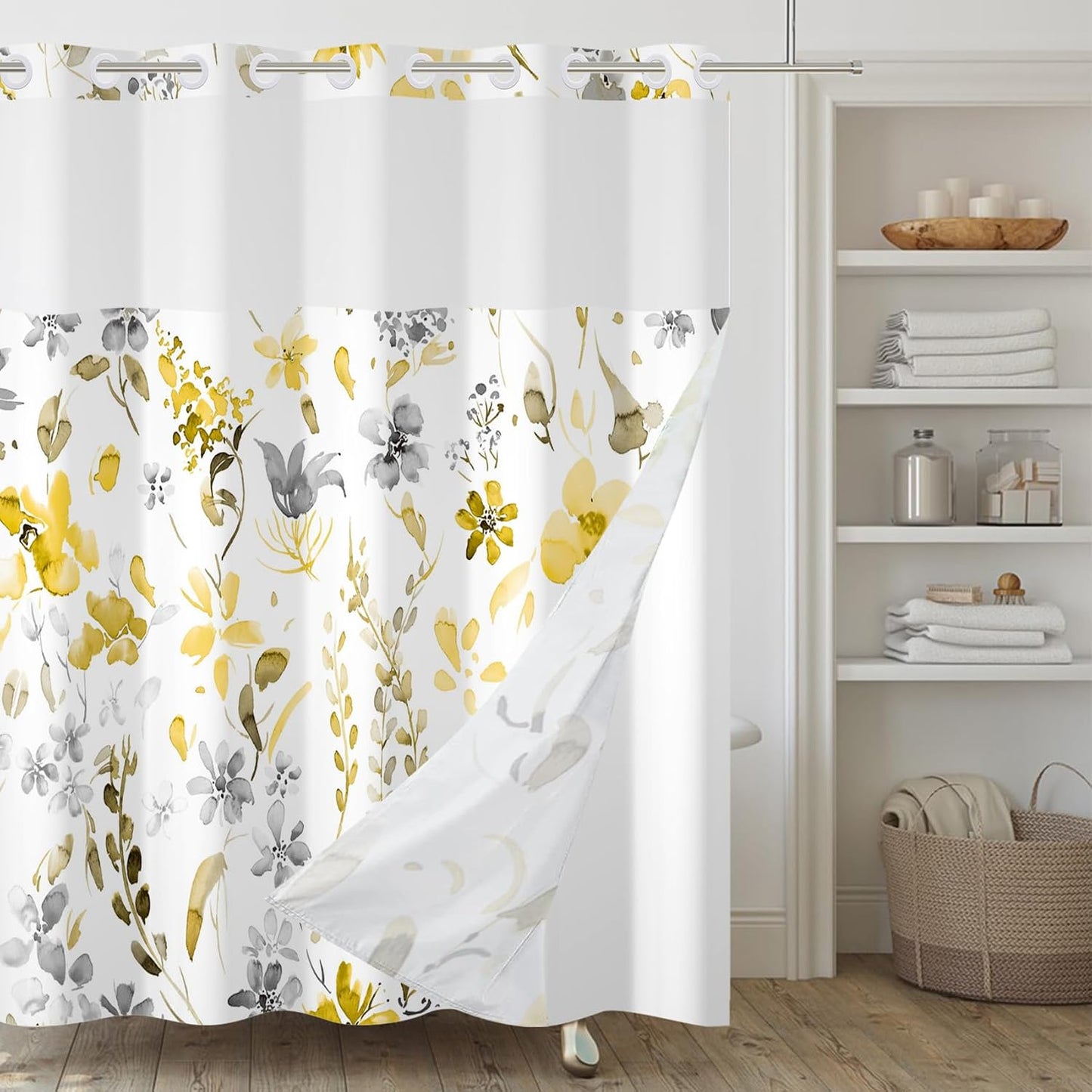No Hook Shower Curtain,Yellow Gray Floral Double-Layered Shower Curtain with Snap-in Liner and Weights,Watercoor Flower Leaves Fabric Bath Curtain with See Through Mesh, 71x74in