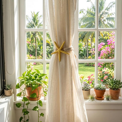 4PCS Starfish Curtain Tiebacks - Hand-Woven Rope Tiebacks for Indoor & Outdoor Decor, Perfect for Coastal Bedroom Curtains & Living Room Window Decor (Yellow)