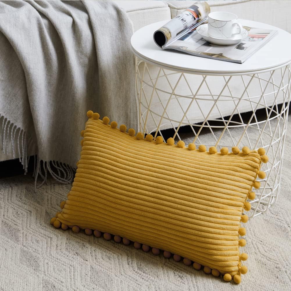 Fancy Homi 2 Pack Mustard Yellow Lumbar Decorative Throw Pillow Covers 12x20 Inch with Pom-poms for Living Room Couch Bedroom, Soft Corduroy Solid Cushion Case 30x50 cm, Rustic Farmhouse Home Decor