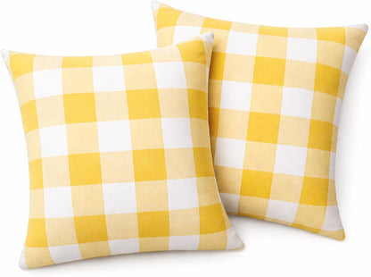 Native Fab Premium Throw Pillow Covers 2 Pack, 18x18 Inches, 100% Cotton, Vibrant Buffalo Plaid, Summer Check Cushion Cases, Bright Farmhouse Accent for Living Room, Outdoor, Lemon Yellow & White