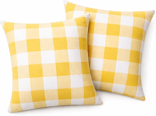 Native Fab Premium Throw Pillow Covers 2 Pack, 18x18 Inches, 100% Cotton, Vibrant Buffalo Plaid, Summer Check Cushion Cases, Bright Farmhouse Accent for Living Room, Outdoor, Lemon Yellow & White