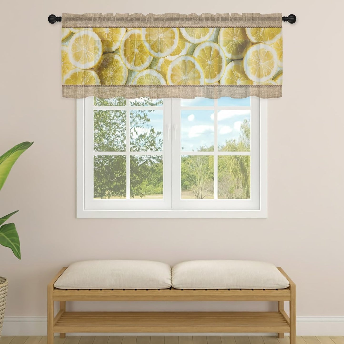 Farmhouse Lemons Sheer Curtains Valances for Windows Summer Country Yellow Fruits on Linen Chiffon Kitchen Valances for Cafe, Voile Window Treatments Curtains for Living Room Bedroom, 54"x18"