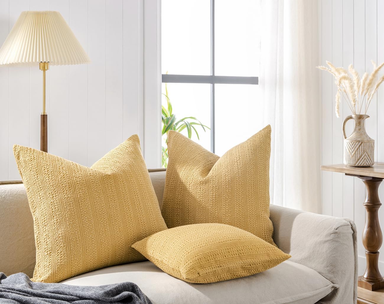 26x26 Pillow Covers Boho Euro Shams Set of 2 Decorative Throw Pillow Covers Cotton Large Square Pillowcase for Couch Bed, Yellow
