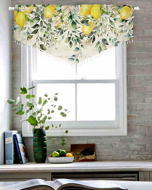Summer Lemon Floral Beaded Sheer Curtains for Windows, Rod Pocket Triangle Semi Sheer Swag Valance Sage Green Eucalyptus Leaves Botanical Tassel Bead Trim Toppers Window Treatment Panel 52''x18'' 1PCS