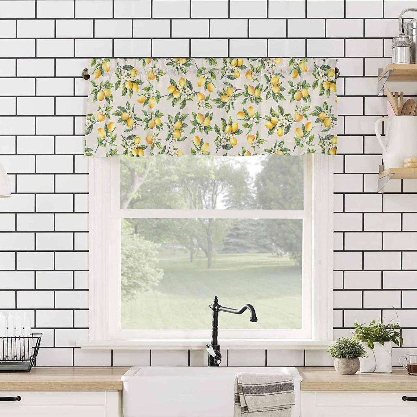 T&H XHome Lemon Valances for Windows Summer Fruit Lemon Flower Plant Linen Vintage Window Treatment Valances Rod Pocket Curtain Valance for Kitchen, Bathroom, Living Room, Bedroom 42" x 18"