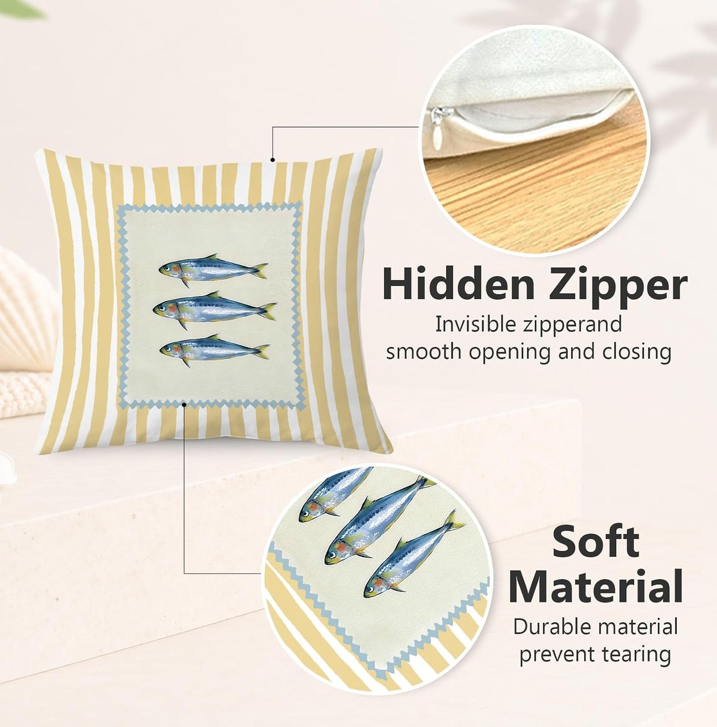 Sardine Fish Coastal Beach Pillow Cover 18x18, Beach House Decor, Trendy Fish Fishing Yellow Striped Decorative Throw Pillow Cover for Home Bedroom Living Room