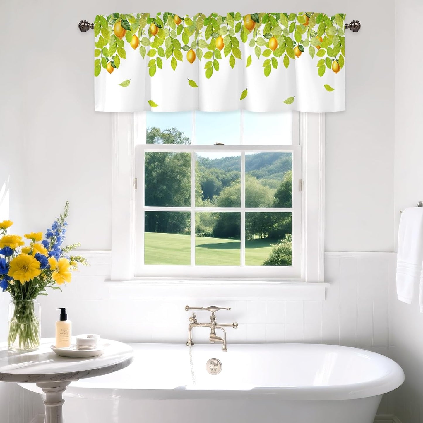Green Leaves Lemon Valance for Windows,Window Treatment Curtains Rod Pocket Sheer Small Short Valance for Kitchen Bathroom Laundry Basement,42Wx12L inch,Watercolor Yellow