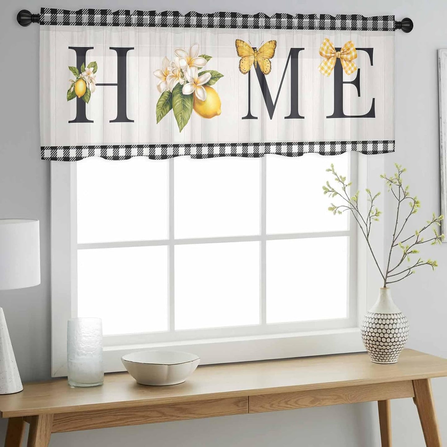 Farmhouse Lemon Sheer Curtains Valances for Windows Black Yellow Floral Buffalo Plaid Gray Chiffon Kitchen Valances for Cafe, Voile Window Treatments Curtains for Living Room Bedroom, 54"x18"