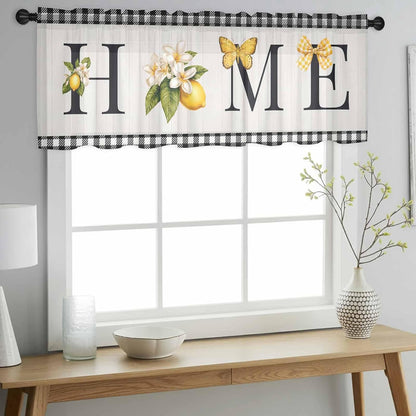Farmhouse Lemon Sheer Curtains Valances for Windows Black Yellow Floral Buffalo Plaid Gray Chiffon Kitchen Valances for Cafe, Voile Window Treatments Curtains for Living Room Bedroom, 54"x18"
