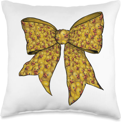 Rubber Duck Cute Yellow Duckie Pattern Girl Coquette Bow Throw Pillow