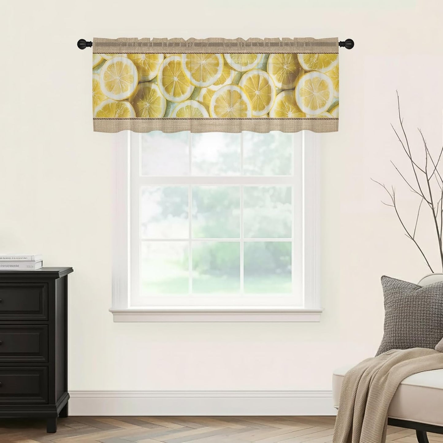 Farmhouse Lemons Sheer Curtains Valances for Windows Summer Country Yellow Fruits on Linen Chiffon Kitchen Valances for Cafe, Voile Window Treatments Curtains for Living Room Bedroom, 54"x18"