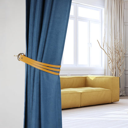 Leather Curtain Tiebacks Curtain Buckle Vintage Curtain Tie Backs Leather Curtain Rod Holder for Home Offic Living Room Bedroom 2 Pcs (Earth Yellow, Narrow)