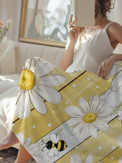 Cooling Blanket for Hot Sleepers, White Daisy Farmhouse Lightweight Breathable Summer Blanket, Garden Floral Bees Yellow Wooden Double-Side Cool Throw Blankets for Sleeping Travel, 40"x60"