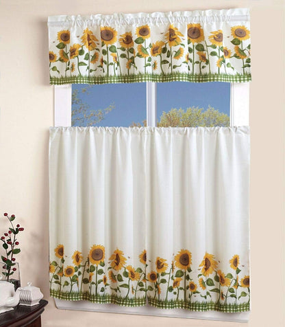 Sapphire Home Kitchen Curtain Linen 3 Piece Set - 2 Tiers + 1 Tailored Valance, Sunflower Design Linen Stylish Window Curtains for Your Kitchen Décor, KC Sunflower White Green Yellow