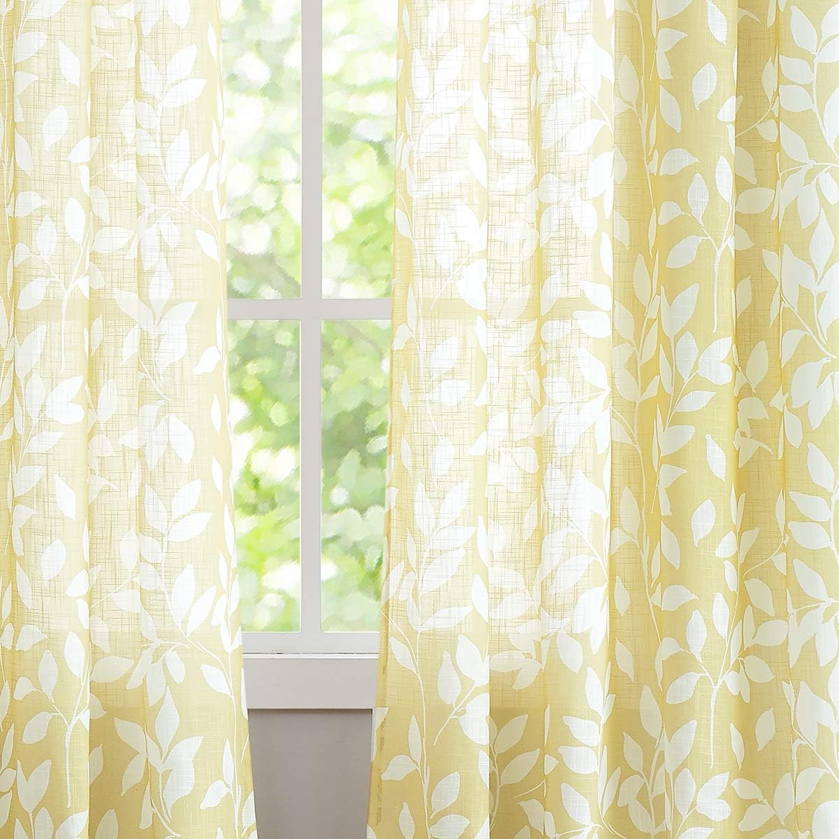 Treatmentex Semi-Sheer Curtains for Living Room Windows 95" Long White and Yellow Leaf Print Curtains for Girl's Room, Bedroom Grommet Top Curtain Panels, Mustard Yellow, 1 Pair