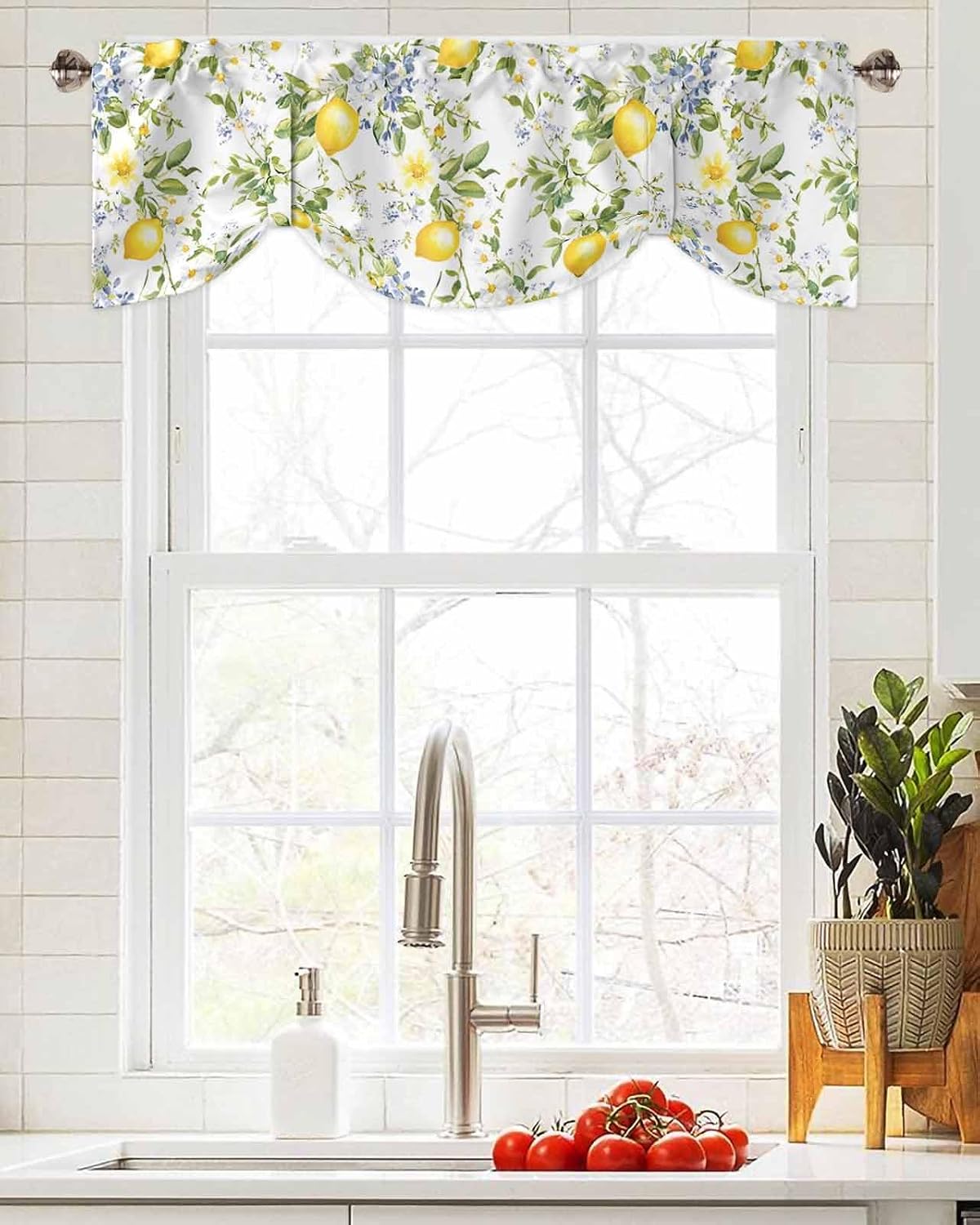 Summer Lemon Tie Up Valance for Window, Watercolor Yellow Spring Floral Botanical Adjustable Balloon Window Shade Valance Curtain for Kitchen Cafe Bathroom Window Treatment Panel 54''x18''