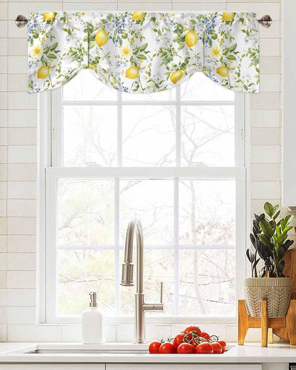 Summer Lemon Tie Up Valance for Window, Watercolor Yellow Spring Floral Botanical Adjustable Balloon Window Shade Valance Curtain for Kitchen Cafe Bathroom Window Treatment Panel 54''x18''
