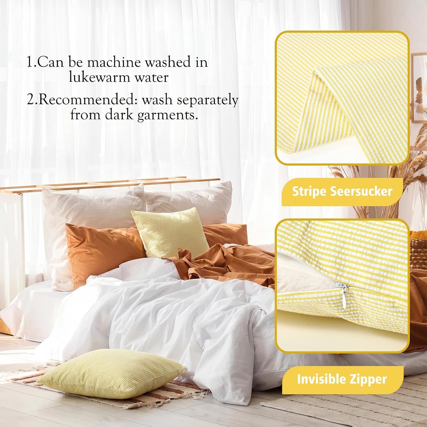 Huhumy Yellow 2 Pack Throw Pillow Cover 18" x 18" for Home Decoration Striped Modern Style Decorative Cushion Covers No Inserts Seersucker Pillow Cover for Outdoor Patio Living Room Chair Bed Couch