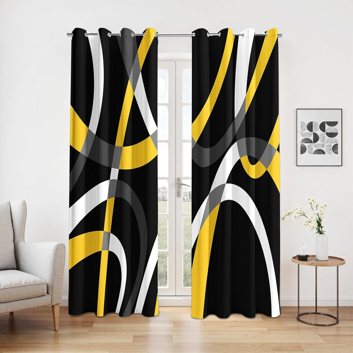 weesire Black and Yellow Blackout Curtains for Bedroom Living Room 2 Panels 100% Blackout Modern Circle Pattern Curtains Abstract Stripe Curtains, 52x84 Inches