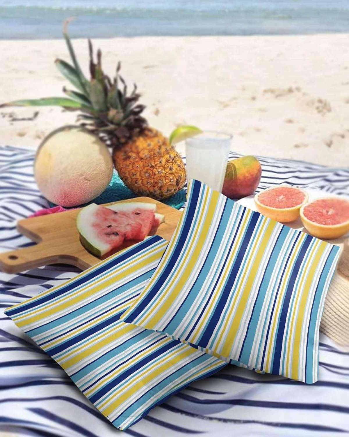 Blue Yellow Striped Outdoor Waterproof Pillow Covers, Farmhouse Navy Blue Ombre Stripes Decorative Square Throw Pillowcase Sofa Cushion Sham for Patio/Couch/Chair, 18"x18" 2 Pack