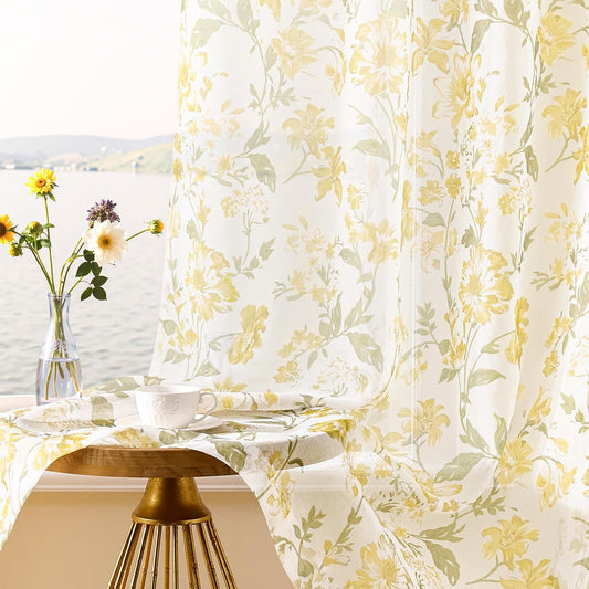 Floral Sheer Curtains 84 Inches Long 2 Panels for Living Room Country Rustic Flower Printed Curtains for Bedroom Rod Pocket Light Filtering Summer Botanical Window Drapes Privacy Decor, 52x84 Yellow