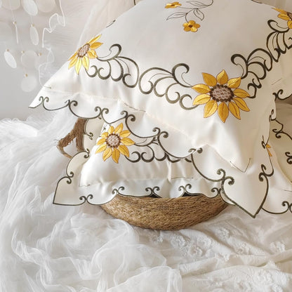 Sunflower Embroidery Throw Pillow Cover Yellow Floral Pillowcase Jacquard Ruffle Cushion Cover,French Shabby Vintage Design 18x18 Inch