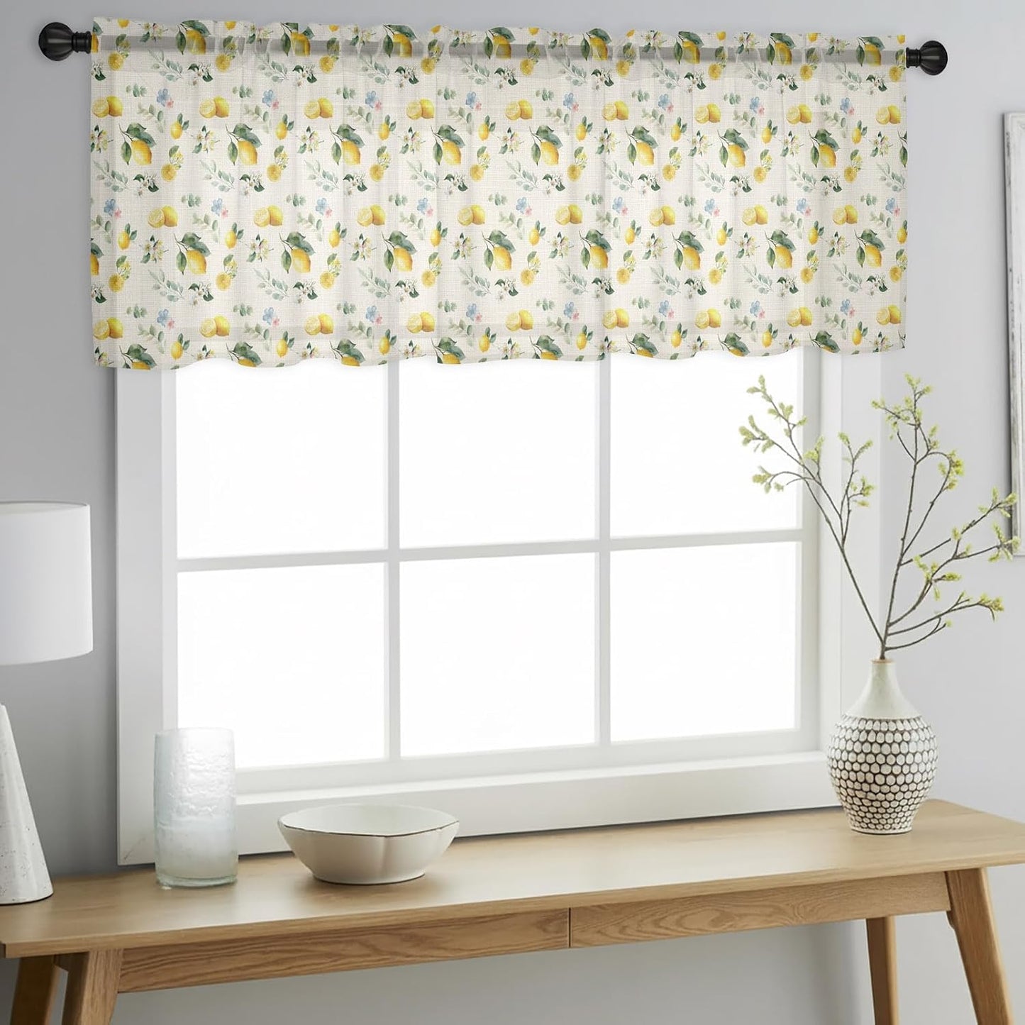 Summer Lemon Sheer Curtains Valances for Windows Pastoral Leaves Fruits Country Plants Pink Chiffon Kitchen Valances for Cafe, Voile Window Treatments Curtains for Living Room Bedroom, 54"x18"