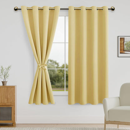 DWCN Blackout Curtains for Bedroom with Tiebacks - Room Darkening Privacy Grommet Top Window Curtains for Living Room, 52 x 63 inch Length,Yellow,Set of 2 Panels