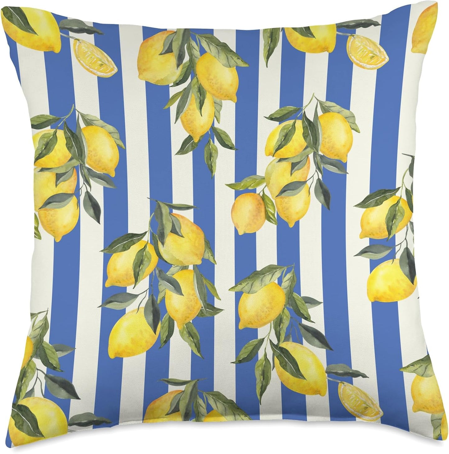 Italian Coast Lemons On Blue Stripes Summer Fruit Pattern Throw Pillow