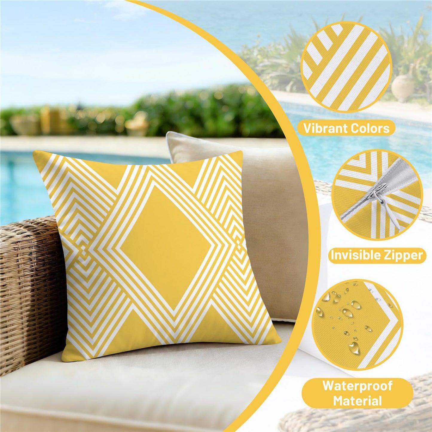 NIGHTWISH Outdoor Waterproof Pillow Covers 18x18 Set of 4 Yellow and White Modern Geometry Decorative Outdoor Throw Pillows Boho Cushion Cases for Patio Furniture Bench Couch Sunbrella