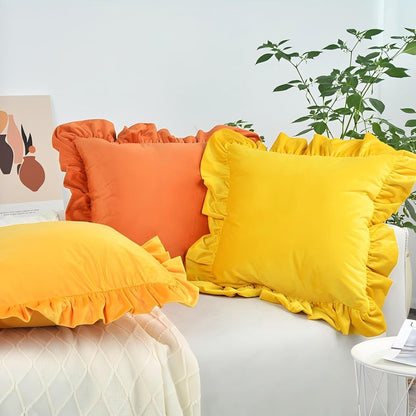 MOJUN Velvet Ruffled Throw Pillow Covers 18x18 Inch Set of 2, Soft Decorative Square Pillowcases with Ruffles Cushion Pillow Covers for Couch Sofa Bed Living Room Farmhouse, Yellow