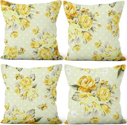 Light Yellow Flower Throw Pillow Covers Vintage Floral Plant Blooming Floral Boho Polka Dot 18x18 Set of 4 Cushion Cases for Outdoor Chair Couch Farmhouse Bed Room Office Balcony Home Car