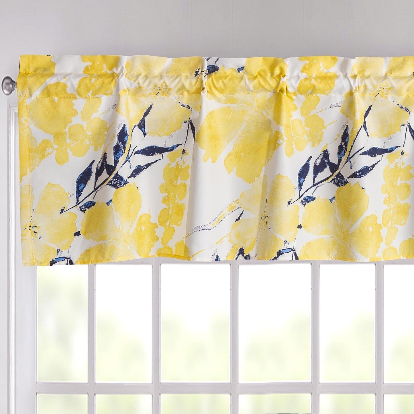 Tache Spring Leaves Floral Tailored Window Valance, Semi-Sheer Microfiber Curtain Topper for Kitchen or Bathroom, Bright Yellow & Navy Blue, 18" x 52"