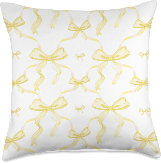 Coquette Light Yellow Ribbons and Bows in Watercolor Throw Pillow