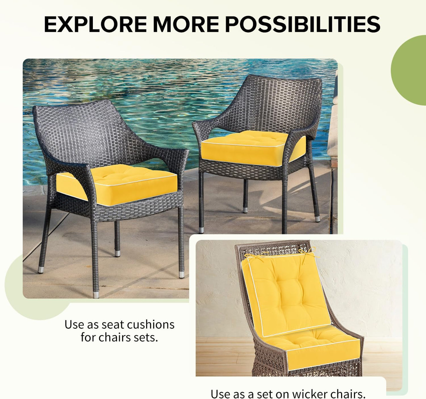 HARBOREST Outdoor Chair Cushions Set of 2, Tufted Patio Chair Cushions with Ties, Square Corner Outdoor Cushions for Patio Furniture, Lawn Chairs, Wicker Chairs, 17" x 17" x 5", Yellow