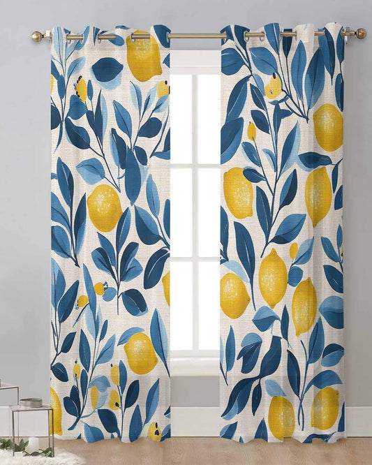 Lemon Sheer Curtains 63 Inch Length 2 Panels Set, Watercolor Yellow Blue Fruit Branch Flower Grommet Kitchen Curtains Sheer Window Curtain for Living Room Bedroom Light & Airy Privacy Drapes