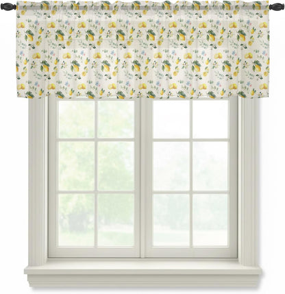 Summer Lemon Sheer Curtains Valances for Windows Pastoral Leaves Fruits Country Plants Pink Chiffon Kitchen Valances for Cafe, Voile Window Treatments Curtains for Living Room Bedroom, 54"x18"