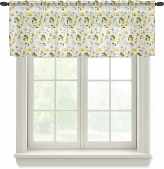 Summer Lemon Sheer Curtains Valances for Windows Pastoral Leaves Fruits Country Plants Pink Chiffon Kitchen Valances for Cafe, Voile Window Treatments Curtains for Living Room Bedroom, 54"x18"